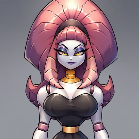 masterpiece, score_9_up, score_8_up, score_7_up, score_6_up source_anime, (best quality:1.1), ultra-detailed, high resolution, solo, 1girl, xsexyrobotx, humanoid female robot, beautiful glowing yellow eyes, long eyelashes, makeup, (metallic hair, high ponytail), sleek metallic body, metallic limbs, narrow waist, large breasts, sly smirk, black dress, portrait, upper body, facing directly forward, simple background, high contrast, sharp focus, perfect lighting, anatomically correct
