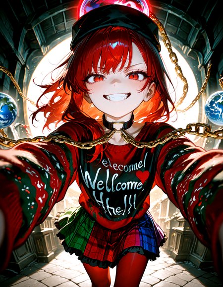 Christmas, dress, red pantyhose,Christmas sweater:1.2,
1girl, solo,  hecatia_lapislazuli , soft lighting, grin , looking at viewer, pov,chain, choker,  earth_(ornament) , hair_between_eyes, hat, moon_(ornament) ,  teeth, underworld_(ornament) , v-shaped_eyebrows,
masterpiece, best quality, amazing quality, very aesthetic, absurdres,  newest, (volumetric lighting),
<lora:world_christmassweater:0.5>,<lora:cfg_scale_boost:0.5>, <lora:ponyv5_noobE11_1_adamW:0.5>, <lora:illustrious_noobai_epsilon_pred_1_best_quality_v1:0.5> ,<lora:illustrious_noobai_epsilon_pred_1_masterpieces_v1:0.5> ,<lora:illustrious_noobai_epsilon_pred_11_very_aesthetic_v1:0.5>
