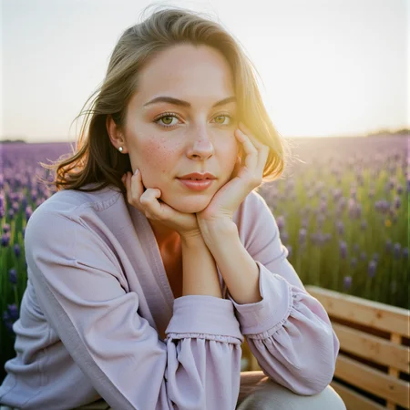 Ultra quality, ultra realistic, ultra detailed skin textures and colors, In the cool morning air of a lavender field in Provence, a stunning woman sits at the edge of a wooden crate, her face turned slightly toward the soft sun, wrapped in a muted lilac linen blouse with a deep v-collar that echoes the fields behind her. Her skin shows every detailâfreckles across her nose, a slight flush on her cheeks, faint crowâs feet at the corners of calm, moss-green eyes. Shot in half-head framing with a Contax 645 and 80mm f/2 lens on Kodak Portra 160 for its ability to gently hold both skin tone and pastel hues, the light is entirely naturalâopen shade with a large white bounce card held under her chin to bring out detail in her lower face. The subtle breeze lifts strands of her hair, and behind her, the lavender hums out of focus, creating a cinematic portrait both intimate and deeply environmental. Every pore, eyelash, and wrinkle is celebrated, not hiddenâthis is not polished beauty, but elevated honesty.
 <lora:Detailed Skin&Textures Flux V3:1> dsv4
