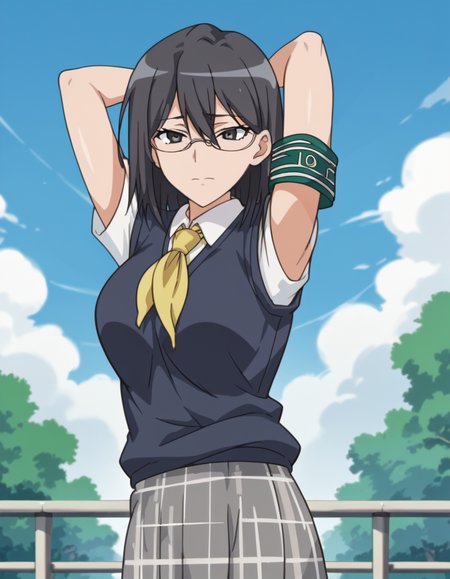 score_9, score_8_up, score_7_up, source_anime, <lora:mii-konori-s1-ponyxl-lora-nochekaiser:1>, mii konori, short hair, black hair, black eyes, glasses, hair between eyes, mature female, anime screencap,, skirt, school uniform, plaid skirt, armband, sweater vest, neckerchief, yellow neckerchief, green armband, pleated skirt,, pagoda, tall, tiered, Asian, sacred, , <lora:mememe-dance-ponyxl-lora-nochekaiser:1>, mememe dance, me!me!me! dance (meme), dancing, ass shake, arms up,, looking at viewer, solo,, dutch angle, cowboy shot