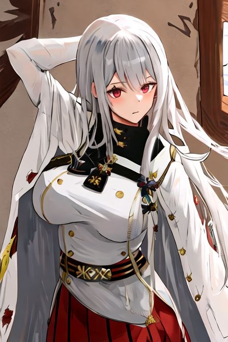 solo_focus, 1girl, (((masterpiece))), ((best quality)), ((ultra-detailed)), high resolution, absurdres, highres, ultra-detailed 8k unity wallpaper, 
sovetskaya_rossiya_azurlane, long_hair, hair_between_eyes, red_eyes, breasts, large_breasts, mole, white_hair, mole_under_eye, bangs, blush, grey_hair, very_long_hair