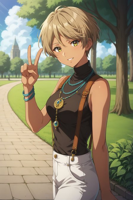 score_9, score_8_up, score_7_up, source_anime, 1girl, prefect lighting, very aesthetic, intricate details, highly detailed background, masterpiece, high quality, prefect hands, best quality, 
<lora:Iris_Cannary_Violet_Evergarden_V1:.85>, KJOiris, yellow eyes, short hair, tan skin, light brown hair, 
black turtleneck, bare shoulders, white pants, brown suspenders, necklace, 
from side, smile, parted lips, peace sign, v, looking at viewer, 
sunny, park, sidewalk, stone floor, grass, tree, cloudy sky,
(Beautiful, medium Breasts:1.2), natural breasts,