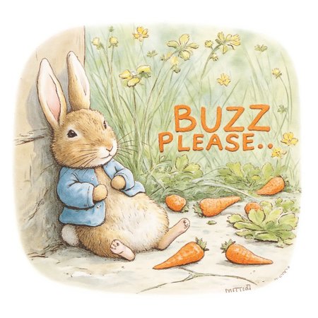 BPstyle, drawing, lonely rabbit lying on side, writing made with carrots on ground:"BUZZ PLEASE..."