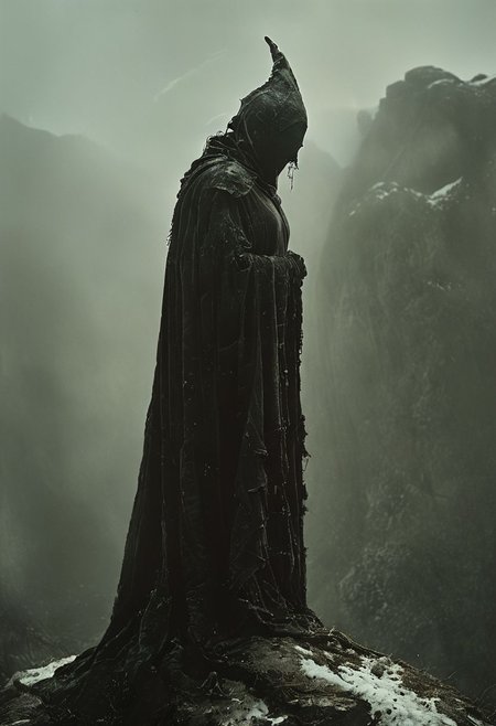 partially covered in shadow, style of Guido Argentini, Capture a stunning Closeup of an Solid enforced midsummer witch upon a hill,  from a translucent amber mushroom in an eerie snowy Mountain beautiful Nature snow tomb, feudal shinobi armored Spirit wearing hooded Linen cape designed By Studio ghibli, masked with a Bright translucent seastone Mask inspired By HR Giger and Franco Fontana,  very detailed and vibrant outworn but colorful, She is wearing armor entirely Made of electrical wires, both high voltage and eerie blueish glowing, The cables and wires are meticulously laid over her arms and limbs, securely fastened with ancient leather straps. , wielding colorful two-toned giant sword, 
very detailed, Shot in UHD