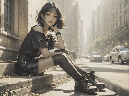 score_9, score_8_up, score_7_up, Environmental scene, character off to side, sitting in repose enjoying the view, 1girl, pale skin, medium breasts, <lora:sm0k3XLP:1>, <lora:goth_clothes:1>, goth casual clothes, jewelry, black stockings, black shorts, Shoulder length hair, unnatural haircolor, <lora:Our_Muted_Future_Style:1>,  <lora:0780 light rays_v1_pony:1> ruanyi0780, light rays, light, sunlight, sunbeam,