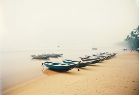 lith_argenta_argenta_nn112w, instagram photo, a foggy beach with some boats in sri lanka, hard shadows, film grain