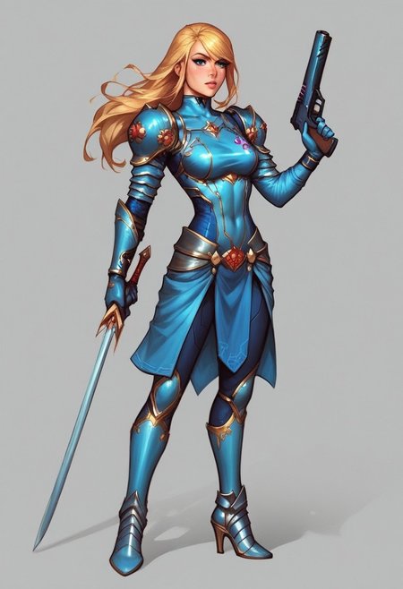 Beauty Samus Aran girl from game Metroid, slim long body, pale skin, slim stomach, long blonde hair, ultra detailed beauty faces, full body, action pose, big brightness blue eyes,
(((full-clothed medieval armor))), ((long sword in hands, steel gun in hands))
BREAK 
strange world background score_9, score_8_up, score_7_up, score_6_up, source_cartoon, rating_explicit, Expressiveh, ((full body)), dynamic pose