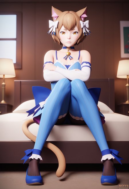 score_9, score_8_up, score_7_up, BREAK,
 <lora:FelixXL-000001:1>,1boy,solo,animal ears, hair bow, cat ears, brown hair, short hair, bangs, sleeveless dress, brown eyes, white bow, blue choker, bare shoulders,thick eyebrows, detached sleeves, looking at viewer, dress bow, pendant, cat tail, black pantyhose, arm ribbon, standing, slit pupils, frwn, eyelashes, :3, thighhighs over pantyhose, blue footwear, ankle ribbon, blue thighhighs, otoko no ko, striped thighhighs, 
on back, arms behind head, 
indoors, bedroom, sitting,crossed arms, 
3d,<lora:nyl2-guy-PONYv1:1>