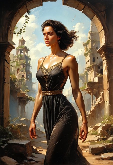 score_9, score_8_up, score_7_up,  boris valejjo, oil painting, traditional media, mother_sv,  d4rk01l,, hands behind her back, breasts thrust forward,1girl, Turkish woman, exotic features, tanned skin, toned and muscular, long, black hair, hazel eyes, arabic,, embroidered red and black Thobe, Palestinian keffiyeh, traditional Palestinian dress, tatreez, sheer clothing, intricate embroidery, ((dynamic, dynamic pose)), dutch angle, cowboy shot,,sharp_LASCALAE, ultra sharp focus, fantasy city in background, ruins