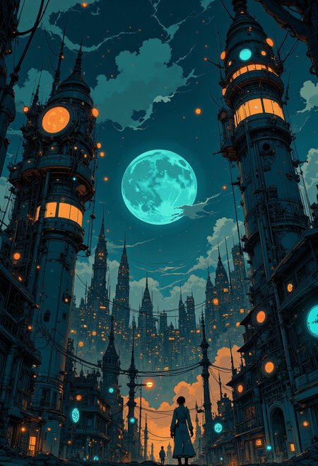 high quality, ultra detailed, colorful, fantasy, G0thicL1nes, a digital artwork depicting a futuristic, sci-fi cityscape at night, the scene is dominated by towering, cylindrical structures with intricate, futuristic designs, each adorned with glowing, neon lights that create a mesmerizing, ethereal glow, the structures are connected by series of cables and wires, and they form a complex network that runs through the center of the image, surrounding the structures, the cityscape is bustling with numerous buildings and structures, illuminated by a mix of bright, glowing lights, in the background, a large, moon-like planet is visible, partially obscured by the night sky, with stars twinkling in the distance, the sky is a deep blue, with a few wispy clouds scattered across it, the overall atmosphere is one of vastness and otherworldliness, with the futuristic cityscape taking center stage, the artwork uses a blend of realism and fantasy elements, creating a visually striking and immersive experience<lora:Ethereal_Brush_Anime_v1.0.safetensors:0.6:0.6> <lora:It's a LoRA for portraits, BUT! actually specialized in backgrounds. v1.0.safetensors:0.12:0.12> <lora:FluxMythG0thicL1nes.safetensors:0.6:0.6> <lora:Blue_Future.safetensors:0.9:0.9>