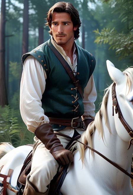 Score_9,  score_8_up,  score_7_up,    FlynnRider, 1man, 21yo, realistic, riding white horse in forest, leather gloves