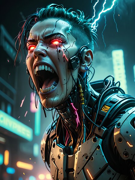 cyberpunk cyborg screaming, mouth open   <lora:add-detail-xl:1>, electrical sparks,  masterpiece, 8k,cold colors, illustration, (volumetric fog:1.5)