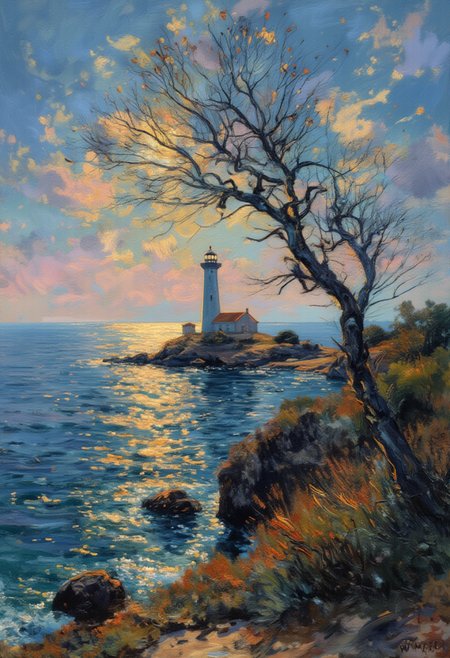 In this captivating scene, a solitary lighthouse stands majestically on an island floating within a mesmerizing deep blue ocean. The glassy water surface beautifully reflects the tower's symmetrical form, casting shimmering colors across its expanse. A windswept tree with barren branches leans gracefully towards the serene sky above, framing the scene in an ethereal golden hue bathed in delicate hints of pink and white. The striking contrast of colors and textures creates an extraordinary visual journey for the viewer to behold, evoking emotions of calmness and tranquility. ,<lora:flux/OBä¸­ä¸çºªæ²¹ç»v1.1.safetensors:1.0:1.0>