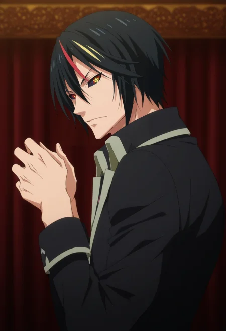 masterpiece, best quality, intricate details, anime screencap, anime coloring, official style, looking at viewer, 1boy, solo, male focus, <lora:diablo_tensura_ilxl:0.94>, diablo_tensura, black hair, yellow eyes, multicolored hair, streaked hair, red hair, hair between eyes, colored sclera, , from side, fuji mountain, midnight, w arms, sparkling eyes,