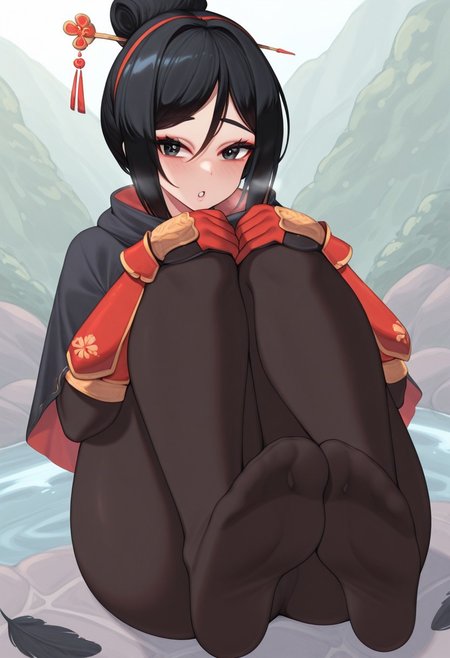 kuavera,  outdoors, undershirt, falling feathers, black bodysuit, hair stick, hugging knees, knees to chest, gauntlets, eyeshadow, red gloves, two sides up, black capelet, red hairband, black eyes, 1girl, solo, feet, visible breath, dynamic angle, foreshortening, smell, steam, onsen, water