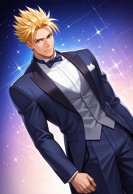 masterpiece, best quality, amazing quality, dutch angle, abstract background, BREAK
solo, male focus, 1boy, ss_galford, blonde hair, spiked hair, blue eyes, tuxedo, bow tie, formal, BREAK
 <lora:cfg_scale_boost:.6>   <lora:Galford_D._Weller_and_Poppy_-_Samurai_Shodown_-_ILXL:1>