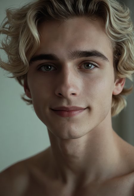 sdxl_simgrace, photo, solo, 1boy, perfect body, cute smile, detailed eyes, looking at viewer, eye contact, soft lighting, moody atmosphere, sensual expression, film grain, intimate framing