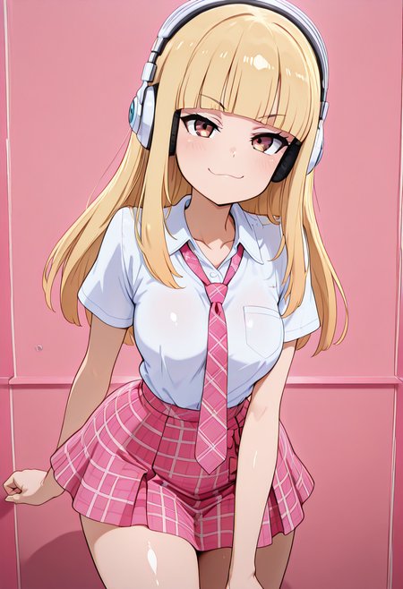 masterpiece, best quality, solo, curvy, beautiful eyes, narrow waist, wide hips, 1girl, solo, smile, looking at viewer, foreshortening, close up,  anime screenshot,    zzPearlCitron, brown eyes, blonde hair, long hair, straight hair, blunt bangs,   white headphones, pink necktie, collard shirt, white shirt, plaid skirt, pink skirt, shirt tucked in,   ,<lora:PearlRakuCitronOC_IXL:1.0>,  , smile, looking at viewer, cowboy shot, leaning forward, smug, aged up, <<lora:MantisIXL_v2:0.8>,