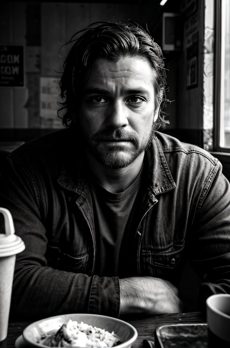 Gritty Portrait Photo of a weary, rugged individual sitting in a sparse, nondescript diner, his eyes betraying a sense of resigned acceptance, illuminated by the stark, fluorescent light overhead, from a close-up perspective, showcasing the film's exploration of fate, inevitability, and the changing nature of the world  <lora:more_details:0.7>  <lora:picxer_real:0.7>