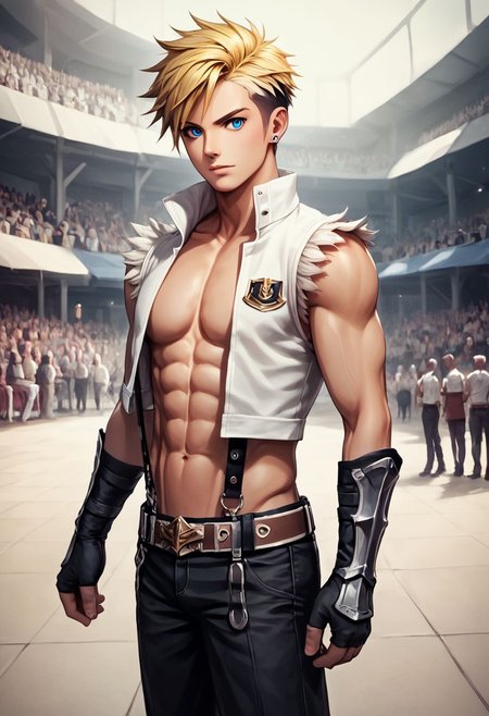 score_9, score_8_up, score_7_up, rating_explicit, BREAK; 1boy, twink, multiple ear piercings, perfect face, detailed face, blue eyes, detailed eyes, undercut hair, blonde hair, highlights, spiky hair, right nipple pierced, lean, pecs, 6 pack abs, defined abs, toned legs, toned arms, toned ass, whitesmith-ro, open clothes, fur trimmed shirt, belt, suspenders, sleeveless, <lora:whitesmith-pdxl-lora:1>,  cowboy shot, ragnarok online, convention center, crowds, cosplay, fantasy, full body, boots, black pants, gloves, model pose, best quality, detailed face, perfect skin, dynamic pose,