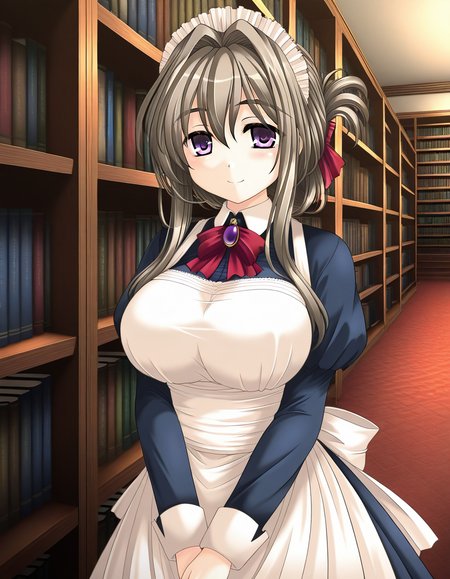 general,highres, ultra-detailed,very aesthetic,best quality ,best hands,  BREAK  <lora:Tomosato_Shiori_IS:1>TomosatoShiori, brown hair, large breasts, purple eyes, hair intakes, hair ribbon, red ribbon, folded ponytail,
1girl, solo, maid,  maid headdress, apron, smile, long sleeves, v arms, bookshelf, library, looking at viewer,