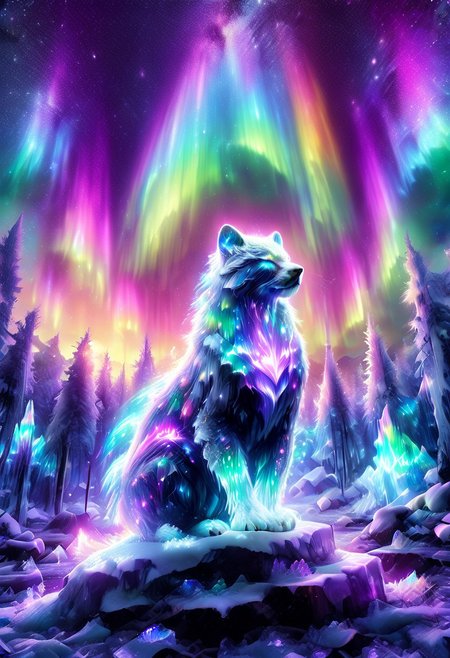lazympos, morph-aurora, A platinum-tier animal sitting in  an aurora-lit crystal forest, prismatic light shards refract through ice formations, glowing celestial patterns dance across its obsidian collar, hyper-detailed fur texture with rainbow iridescence, 8k resolution.