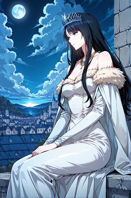 <lora:Priscilla_Glayder__The_Beginning_After_the_End__Illustrious:1>
1 girl, solo, long hair, black hair, blue eyes, 
white dress, long dress, crown, cleavage, fur trim, bare shoulders, necklace, tiara, collarbone, long sleeves
score_9, score_8_up, score_7_up, score_6_up, source_anime, masterpiece, best quality, absurdres, highres, newest, anime coloring <break>  1girl, solo, sitting, on wall, from side, town, night sky, cloud, blue moon, night, blue sky, <lora:iLLMythG0thicL1nes:1>