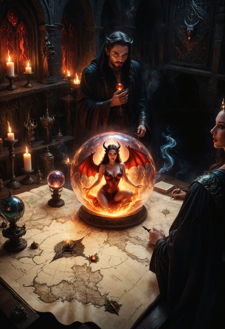 In the dim, flickering light of his foreboding tower, a dark wizard stands over a table littered with artifacts of power. A massive, hand-drawn map sprawls before him, etched with cursed symbols and routes to mystical lands he plans to claim. At its center, a glowing glass orb rests, swirling with a smoky, crimson mist, holding a seductive female demon within. Her form shifts and undulates like a shadow, her striking eyes gleaming with cunning as she watches the wizard, her lips curled in an amused smile.  She reclines within her glass prison, draped in ethereal, flame-like tendrils, her gaze locked onto the wizard as he outlines his dark plans, each word sparking intrigue in her eyes. The orb pulses in sync with her voice, a low, sultry tone that fills the air with dark promises and veiled schemes. As he speaks, she listens intently, her expression a mix of amusement and hunger, subtly guiding his ambitions with whispered temptations of greater power and victory.  Around them, enchanted relics, ancient spellbooks, and smoldering incense add to the atmosphere, shadows leaping on the walls with each flicker of candlelight, amplifying the roomâs dark, intoxicating energy. In his lust for domination, the wizard doesnât see the danger in her smileâa hunger that could consume worlds alongside him.  (1girl, succubus, focus on girl, 1man, looking a each other, side view, close up:1.2)   realistic, photograph, (masterpiece), 8k quality, (detailed eyes:1.2), (highest quality:1.1), highly detailed, majestic, top quality, best quality, newest, ai-generated, (intricate details:1.1), extremely beautiful, elegant, majestic<lora:SDXLFaeTastic2400.safetensors:0.3:0.3> <lora:world_glass-000004.safetensors:0.4:0.4> <lora:Magical_Parchment_v2.safetensors:0.4:0.4>