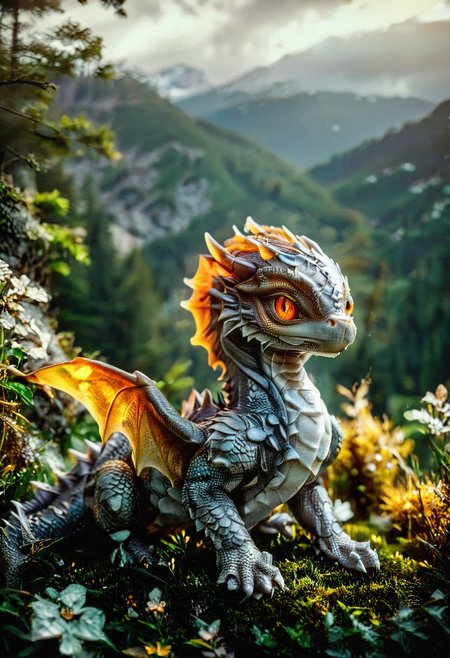 A photorealistic image of a majestic dragon, brown and grey scales. 
alienworld,
intricate details, dramatic composition, tension, contrast, texture, realism, high quality, stunning art, film grain, volumetric lighting, detailed, intricate, film grain, ultra realistic, retro photography, 
Meadow mountain forest background,
midjourneyv6.1, aidmaImageUpgrader,
