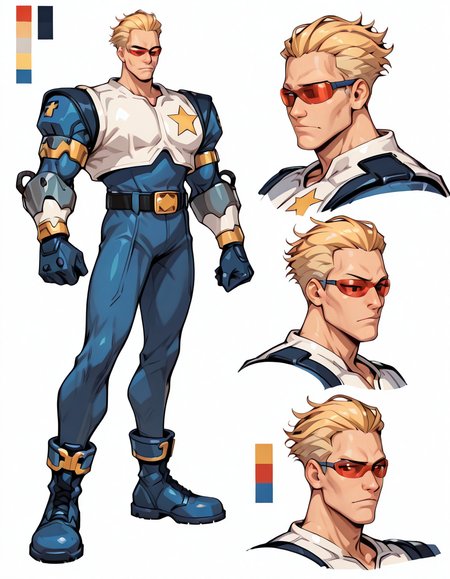 <lora:Captain_Commando_Illustrious:0.8>1boy, male focus, solo, blonde hair, red sunglasses, gloves, upper body, captain commando,   <lora:CharacterDesignIllustrious_Concept:0.8> CharacterDesignIllustrious,,, reference sheet, simple white background, (color guide:1.2), (multiple views), (full body), dynamic pose,,