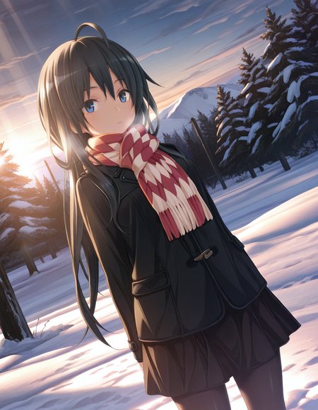 masterpiece, absurdres, best quality, aesthetic, 2.5d, KatsuPS, yukino yukinoshita, oregairu, long hair, black hair, ahoge, blue eyes,  ahoge <lora:KatsuPS_IllXL:1.05> BREAK KatsuPS, 1girl, solo, black jacket, winter, snow, outdoors, sunbeam, sunset, sunlight, scarf, skirt, black pantyhose, dutch angle, lens flare, looking at viewer, expressionless