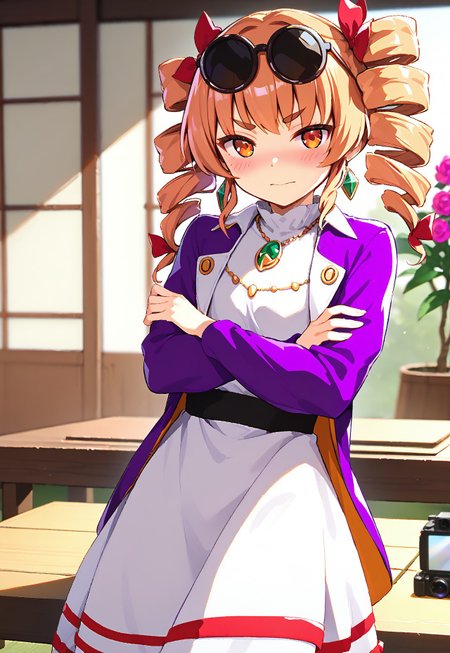 1girl, solo, yorigami jo'on, (drill hair:1.2), (eyewear on head:1.3), (jewelry:1.3), (white dress:1.4), (purple jacket:1.5), (facing camera:0.8), (slightly open mouth:0.1), natural pose, (light entering from left:1.5), (Japanese-style temple:1.5), (sliding doors:1.4), (vibrant flower garden:1.2), (blurred temples in background:0.8), (character's left shoulder closer:1.3), (thick paint style:1.4), (facing down shyly:1.1), (blushing:0.7), (jewelry:1.3), (white dress:1.4), (purple jacket:1.1), (facing camera:1.5), (shy smile:0.2), (nervous smile:0.7), (head tilted clockwise:1.3), (shoulders slightly hunched:1.2), (sliding doors:1.4), (vibrant flower garden:1.2), (blurred temples in background:0.8), (arms resting on table:1.5), (hands resting firmly on table:1.2), (arms on table:1.6), (no hand movement:1.3), (crossed arms on table:1.6), (thick paint style:1.4), (head slightly tilted:1.3), (furrowed brows:1.7), (mouth slightly open with smile:0.4), (embarrassed:1.5)(looking at the camera:1.6), (playful yet uncomfortable expression:1.2), (slight shoulder shrug:1.3), body leaning slightly forward, soft sunlight shining in from the left, temple room with sliding doors half-open,  colorful flowers outside, other distant Japanese buildings blurred, (morning light:0.8), (bright:0.6), warm lighting, anime style highly detailed shadows, warm atmosphere, anime art style, sunlight on face, soft glow. <lora:char-joon:1>