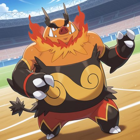 2d, solo, pokemon (creature), Emboar, orange fur, red pig nose, red eyes, large fangs, black eyebrows, big eyebrows, flames around neck, yellow pattern on belly, orange fur, red fur, black fur, multicolored fur, multicolored body, claws, tail, toe claws, red band on wrists,

BREAK grinning, confident, standing, dynamic angle, stadium, sunny day

BREAK best quality, amazing quality, very aesthetic, absurdres, newest, masterpiece 