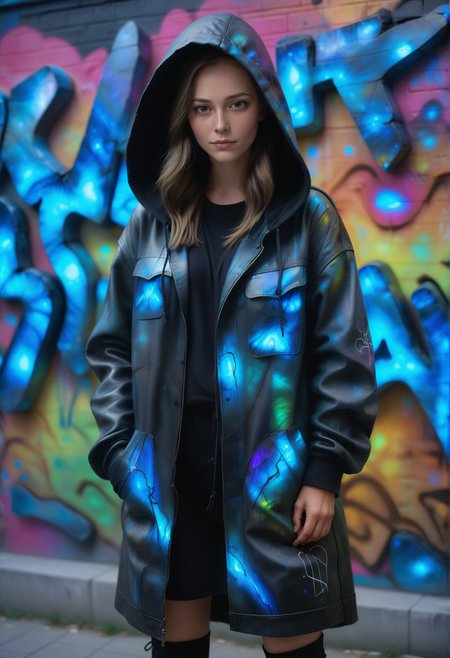 ((background and fashion made out of reij-lmlbrdrt, <lora:LumiLabradorit:1>)), oversizes shirt painted with graffiti street art fashion style, black long leather coat with hoodie, , , upper body,, posing cheekily, (((masterpiece))) , (((best quality))) , 2d, (adorable 1girl, solo:1.3), posing cheekily in front of a graffiti wall, 1woman, soft freckles, long hair, open hair