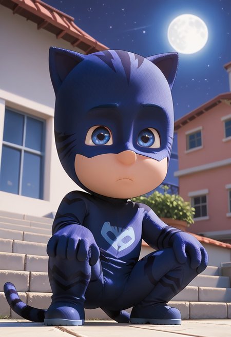 (score_9, score_8_up, score_7_up), highly detailed, cute boy, masterpiece, best quality, high quality, detailed, round face, round eyes,  petite, flat chested, aged down, cute, kawaii, short, 1boy, solo, Catboy Costume, Blue Eyes, Cat Ears, Tail,  low angle view, foreshortening, dynamic view, dutch angle, squatting, on roof ledge, perching, perfect detail, perfect eyes, perfect face, perfect mouth, night time, moonlighting, moon in background, natural lighting, (ray tracing, good shadows)