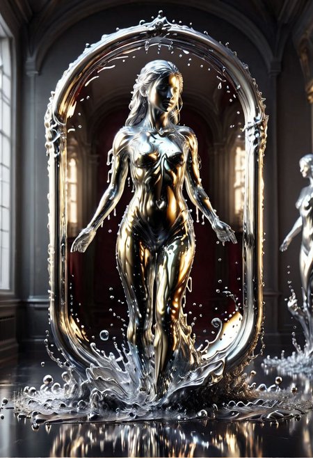liquid mercury 3D, melting statue, mirror effect, splash art, liquids, young woman, 
octane rendering, unreal engine, digital art, surrealism, deviant art, elegant, serene, museum room background, volumetric lighting, complex, very detailed, RAW, VTX, DOF, HDR, 32K, LIQUID METAL, SILVER LIQUID METAL, GOLD LIQUID METAL, RED LIQUID METAL