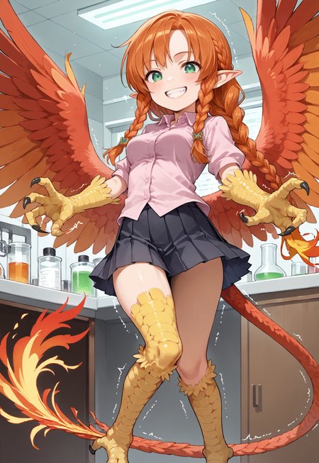 safe_pos, Rating_safe, score_9, score_8_up, score_7_up, detailed, perfect eyes, detailed background, source_anime, source_furry, (long orange hair:1.5), (braided hair:1.5), (happy), (grin:1.5)

(kagarimachi_konatsu), (human:1.5), (1woman), (alone:1.5), (green eyes:1.5), (shortstack:1.25), (slender body:1.5), (medium breasts:1.15), cute, (pink short sleeved shirt:1.25), (black pleated skirt with frills:1.5), (lab:1.7), (standing and trembling:1.5), (phoenix wings:1.25), (pointy phoenix ears:1.5), (phoenix tail:1.5), (one leg up:1), (animal legs:2), (talon hands:1.5), (phoenix harpy:1.5)