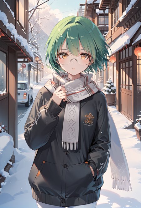 score_9, score_8_up, score_7_up,
middle eastern architecture, street,  
 admiral nakhimov (azur lane), 1girl, green hair,yellow eyes, 
sweater,snow,scarf,semi-rimless eyewear, <lora:NakhimovXLPony:0.9>