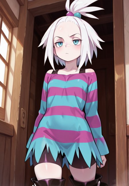 masterpiece, best quality, amazing quality, very aesthetic, absurdres,  newest, detailed background,
roxie, 1girl, topknot, white hair, blue eyes, pale skin, freckles, forehead, striped dress, bike shorts, boots, cowboy shot
 <lora:Roxie_-_Pokemon_Illustrious:1>