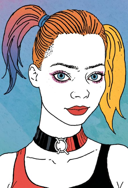 Flat 2D Art, (MS portrait zoomer:1.4), close-up of harley quinn, detailed, raw, gritty, grainy texture, abstract geometric gradients, colorful background <lora:zoomer_v3:1>, simple flat color, 2-dimensional, Flat 2D Art Style
