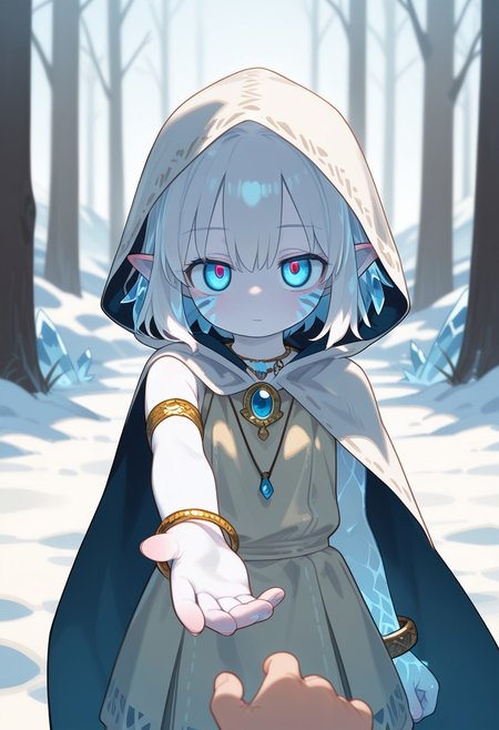 masterpiece, score_9, score_8_up, score_7_up, EasyNegative_v2, 
(best quality:1.1),ultra-detailed, high resolution, super detailed skin, beautiful detailed eyes,  Brightly Lit, Highly Visible, 8k, sharp focus, beautiful, perfect lighting, beautiful eyes, anatomically correct, anatomically correct face, extremely detailed eyes, smooth edges, beautiful face, symmetrical eyes, symmetrical face,
(expressionless:1.3), (half-closed eyes:0.9), 
(standing:1.3), (looking at viewer:1.2), (hand reaching, pov:1.5),  
1girl, monster girl, cute girl, (Ice spirit-girl1.5), (white hair, short hair, ice hair, blue eyes, glowing eyes, pointy ears:1.3), (colored skin, white skin, Ice body:1.5), (cloak, hood over head, dress, brooch, necklace, bracelet, armlet:1.3),  (tribal_tattoo, face markings:1.5), 
bright lighting, snowy mountains, (solo focus:1.5),