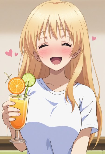 score_9, score_7_up, source_anime
ChisatoMizusawa, 1girl, solo, closed eyes, blonde hair, long hair, t-shirt, blush, happy, holding cocktail, large breasts, hearts, open mouth, holding cocktail,
indoor,