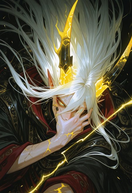 1boy, close up, dutch angle, wild spiky hair, very long hair, white hair, gold hair, multicolored hair, hair between eyes, golden light, black cloak, intense, dynamic, action pose, looking at viewer, head down, slit pupil, monster eyes, glowing blue eye, glowing scars, hand on face, black nail, covered mouth, one lightning eyes, multi colored eyes, cracked skin, glowing horn, large broken horn, energy aura, light effects, vivid colors, black background, highly detailed
,masterpiece,best quality,amazing quality,
<lora:ILLMythP0rtr4itStyle:0.5>, <lora:spo_sdxl_10ep_4k-data_lora_webui:0.6>, <lora:USNR STYLE_XL_loha:0.5>, <lora:incase-ilff-v3-4:0.5>, <lora:cr33pp41ntXLP:0.5>
