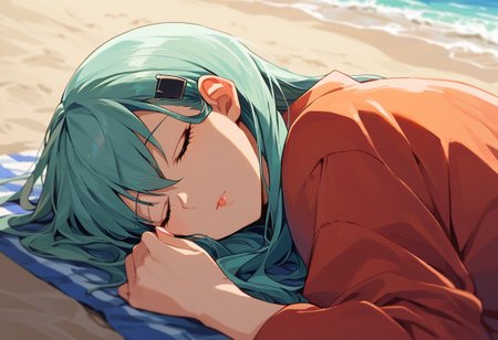 score_9, score_8_up, score_7_up, source_anime, suzuya (kancolle), hairclip, sleeping, lying, on beach
