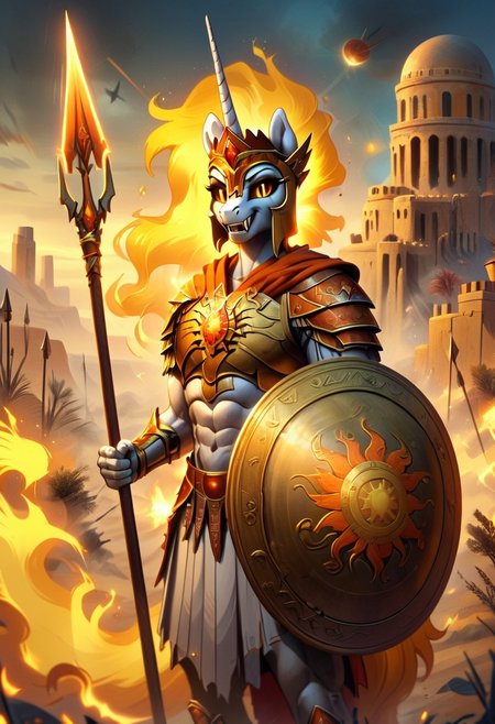 Daybreaker, anthro pony, alicorn, Spear Warrior, holding spear, no helmet, looking at viewer, fangs, smile, desert