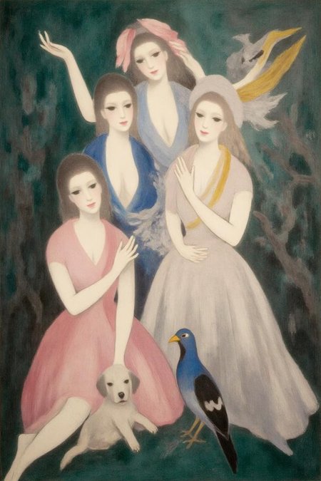 mamau1 painting .
three women and a puppy. There is a bird beside the puppy. <lora:malau1_cap_d6a3e12:1.0><lora:825071545786372187:0>