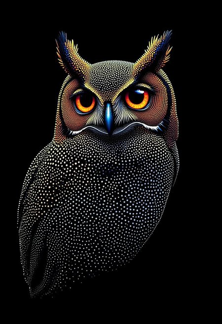 A serene owl with wide, intense eyes, made from glowing dots, in the style of PSYCHDOT, isolated on a solid black background