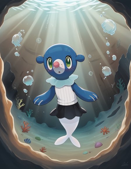 score_9, score_8_up, score_7_up, score_6_up, score_5_up, score_4_up, 1girl, full body, solo, furry female, 
ribbed sweater, white sweater, black skirt, sleeveless, pantyhose, white pantyhose, looking at viewer, blush, fish tail, underwater, swimming, air bubble, bubble,
(a crystalline underwater cave, with sparkling formations, radiant light, clear water pools, serene ambiance:1.5), <lora:Popplio_v0-4-lora:0.8> popplio, blue fur, white snout, pink nose, droopy ears, whisker markings, blue collar, frilled collar, pokemon \(creature\), (seal \(animal\):1.2), green eyes, eyelashes, pinniped, flippers, freckles