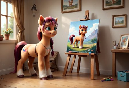 score_9, score_8_up, score_7_up, score_6_up, score_5_up, score_4_up, sunny starscout,
 earth pony, pegasus pony, g5, inside, rich colors, artist workshop, presents a painting of rabbits, aroused, front view, detailed background, pony, solo, detailed, 8k quality, side view, beautiful, teasing, easel and brushes, leaned to the floor, close up,
