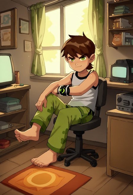 score_9, score_8_up, score_7_up, score_6_up, score_5_up, score_4_up, cute boy , brown hair, green eyes, bracelet, smog slime, wear pajamas, tiny shorts , Tank top shirt , bare foot , sitting in a chair , messy bedroom , TV , games , windows , sun.